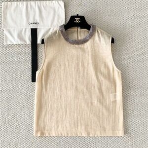 CHANEL Cream Sleeveless Top with Beaded Collar